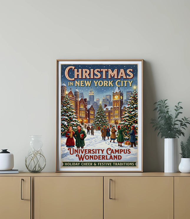 Christmas in New York City poster with snowy campus scene and festive text.