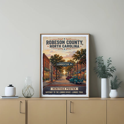 Robeson County, North Carolina heritage poster featuring a vintage street scene.