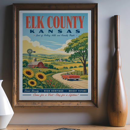 Elk County Kansas vintage travel poster with sunflowers and rolling hills.