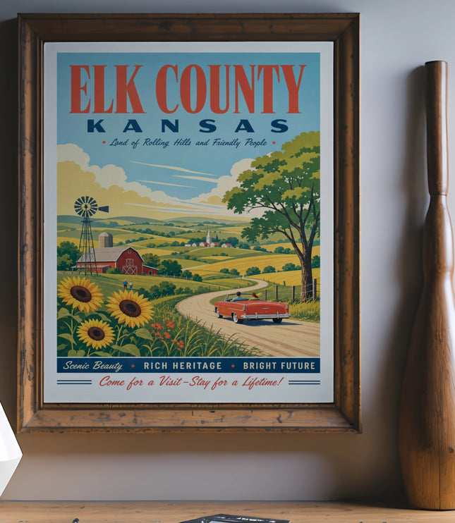 Elk County Kansas vintage travel poster with sunflowers and rolling hills.