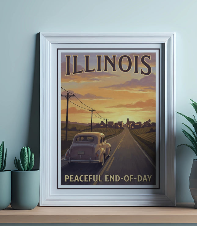 Illinois Peaceful End-of-Day vintage travel poster with car driving towards town.