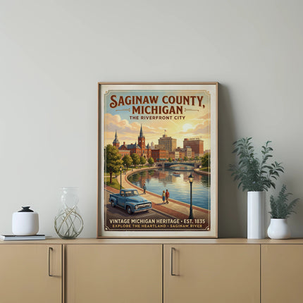 Vintage poster of Saginaw County, Michigan, the Riverfront City, with a blue truck.
