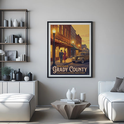 "Discover Grady County" poster depicting Chickasha's historic main street at sunset.