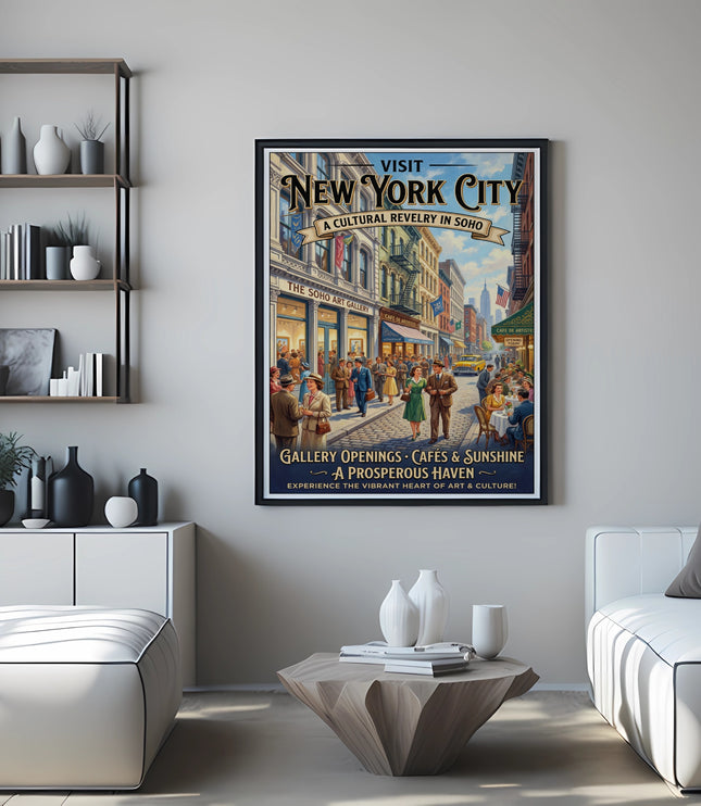 Vintage New York City poster of a bustling street scene with "Visit New York City" text.