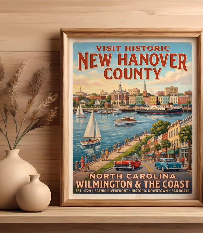Vintage poster of Wilmington & The Coast, North Carolina with boats and buildings.