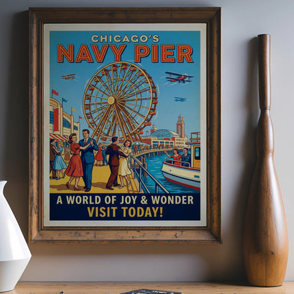 Vintage Chicago's Navy Pier poster with Ferris wheel and people dancing.