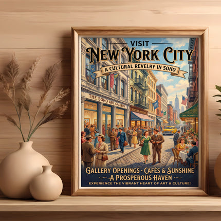 Vintage New York City poster with "Visit New York City" text and a street scene.