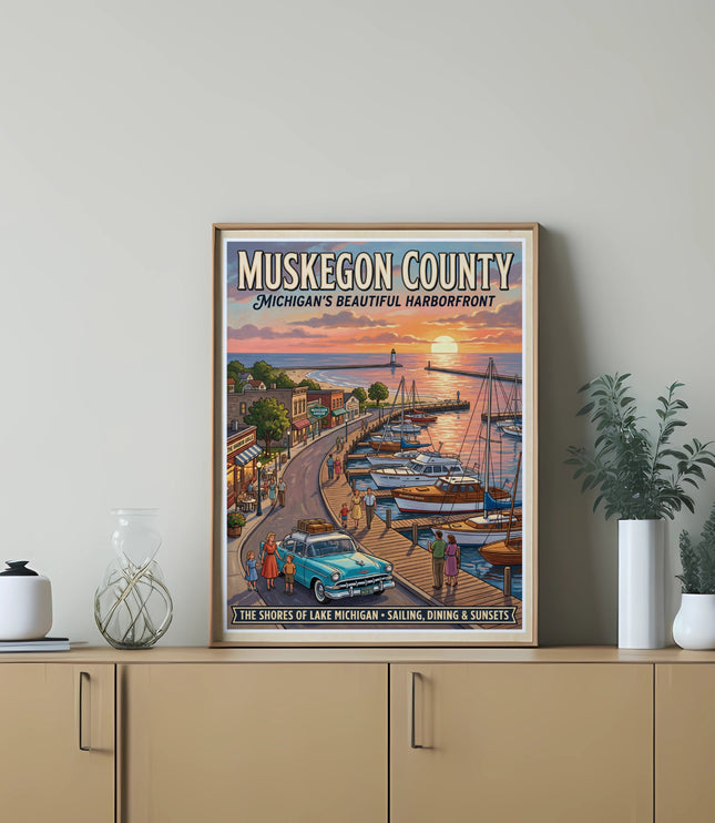Muskegon County Michigan harborside scene with boats, a lighthouse, and "The Shores of Lake Michigan" text.