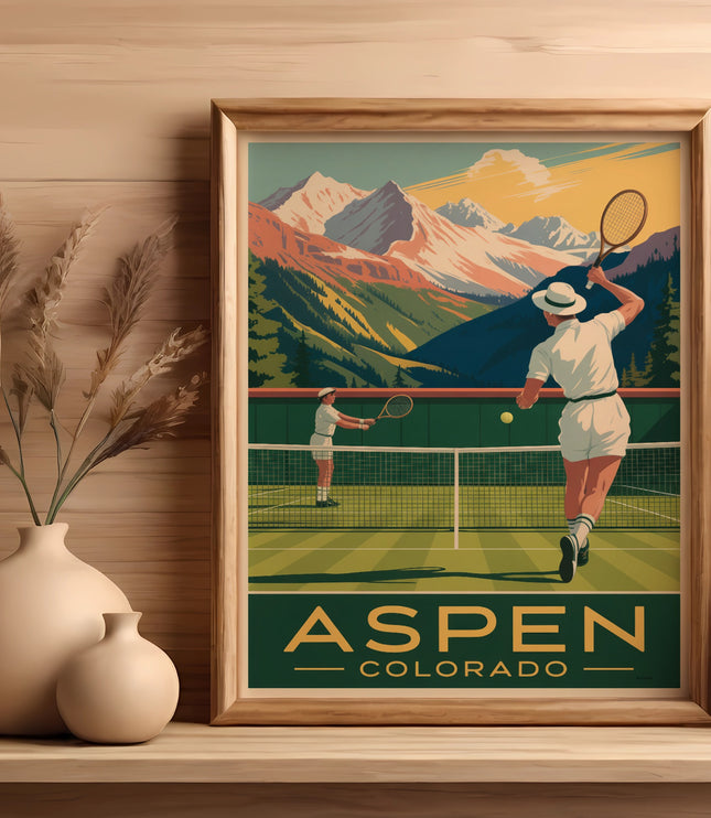 Vintage Aspen Colorado tennis poster with mountains and players on court.