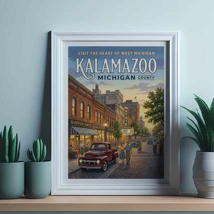 Artwork of downtown Kalamazoo, Michigan with a vintage car and people.