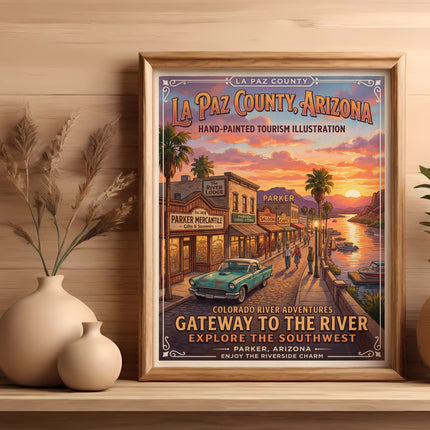 La Paz County, Arizona tourism illustration with vintage car, river, and shops.