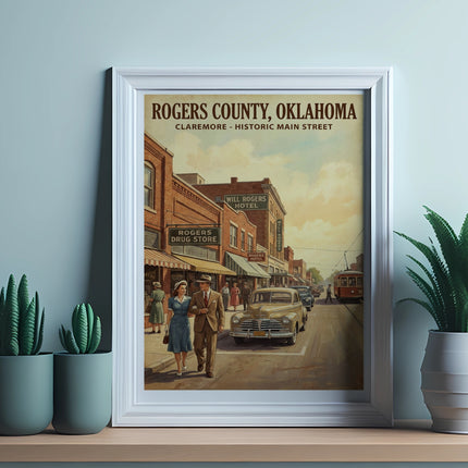 Vintage poster of Rogers County, Oklahoma, featuring Claremore's historic main street.