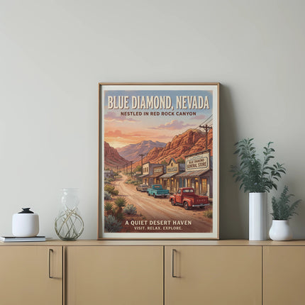 Vintage "Blue Diamond, Nevada" poster featuring a desert town street scene.