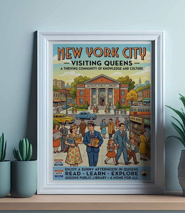 "New York City: Visiting Queens" poster shows people outside the Queens Public Library.