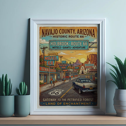 Navajo County, Arizona Route 66 poster featuring Holbrook, motels, and desert scenery.