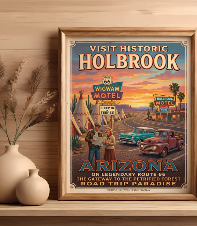Holbrook Arizona Route 66 Wigwam Motel poster with vintage cars and teepees.