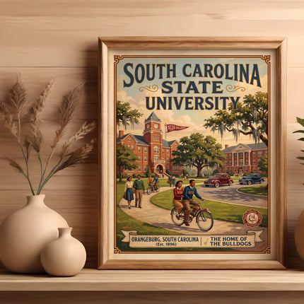 South Carolina State University vintage-style poster depicting campus life and buildings.