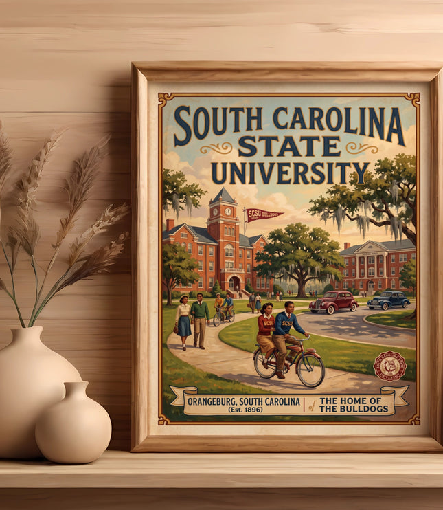 South Carolina State University vintage-style poster depicting campus life and buildings.
