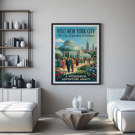 Vintage "Visit New York City" travel poster with conservatory, people, and skyscrapers.