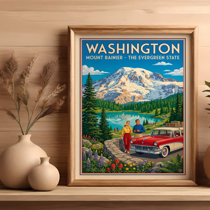 Vintage "Washington Mount Rainier - The Evergreen State" travel poster with a couple and classic car.
