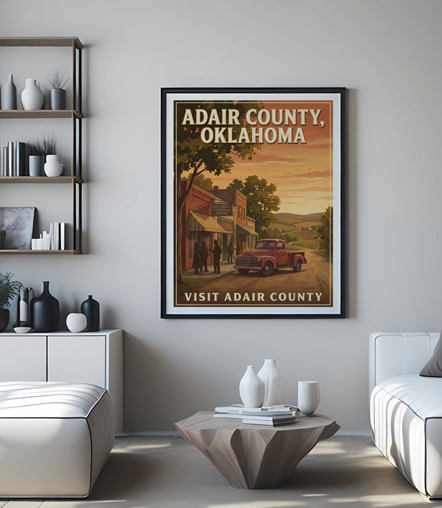 Adair County, Oklahoma vintage travel poster with red truck and sunset.
