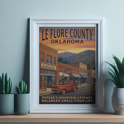 Le Flore County Oklahoma vintage poster with town scene and red truck.