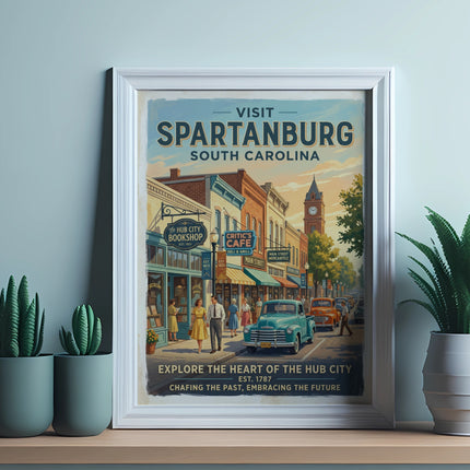 Poster of downtown Spartanburg, South Carolina with vintage cars and shops.