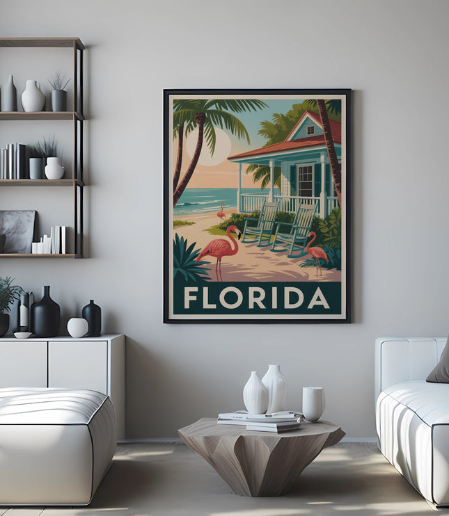 Framed Florida art with flamingos, palm trees, beach house, rocking chairs, and ocean.
