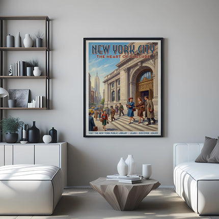 New York City, the heart of culture, vintage travel poster of library entrance.