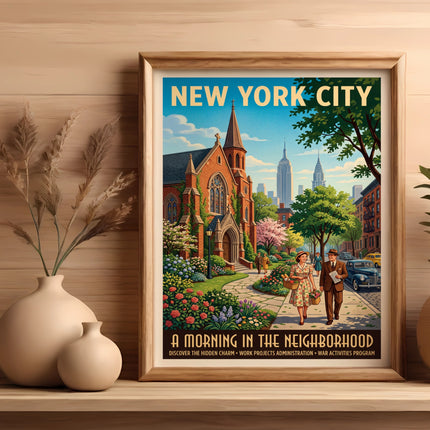 New York City poster with a couple walking past a church.