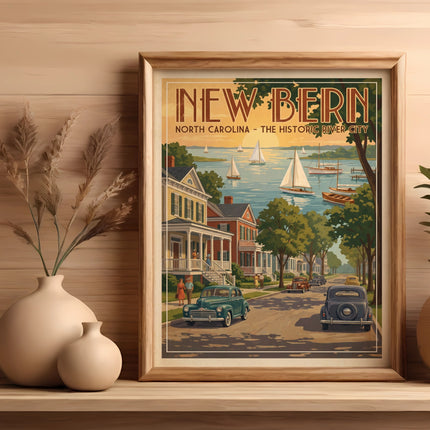 Vintage New Bern North Carolina river city travel poster with boats and cars.