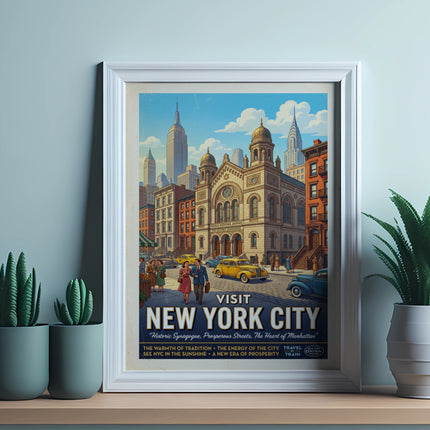 Visit New York City vintage poster with historic synagogue and skyscrapers.