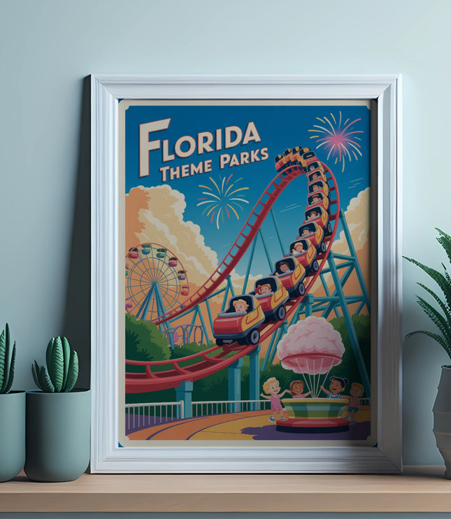 Vintage Florida Theme Parks poster featuring a roller coaster with passengers.