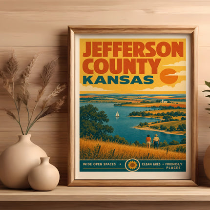 Jefferson County Kansas vintage travel poster with lake and fields.