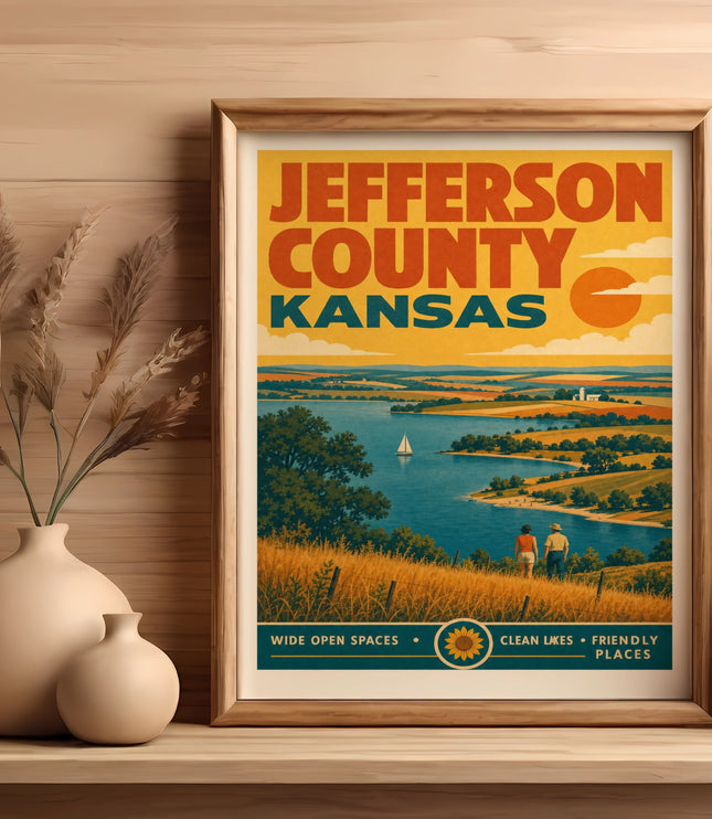 Jefferson County Kansas vintage travel poster with lake and fields.