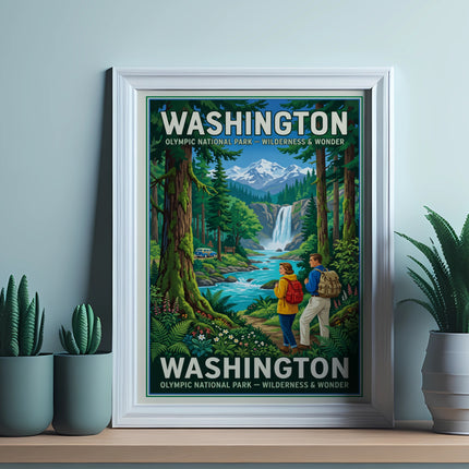Olympic National Park poster showing a waterfall, mountains, trees, and hikers.