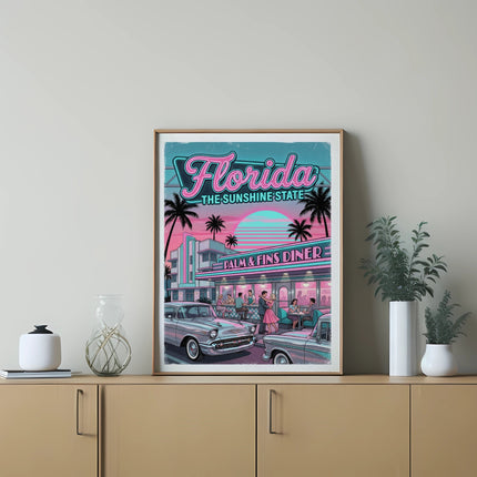 Retro diner scene with classic cars and palm trees under a neon sunset.