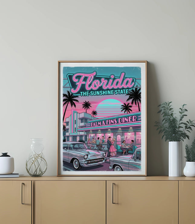Retro diner scene with classic cars and palm trees under a neon sunset.