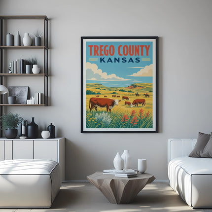 Vintage poster of cattle grazing in a field with Trego County, Kansas text.