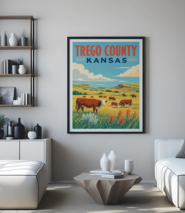 Vintage poster of cattle grazing in a field with Trego County, Kansas text.