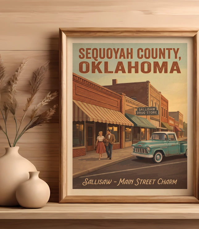 Sequoyah County, Oklahoma vintage travel poster with Sallisaw Drug Store and a classic truck.