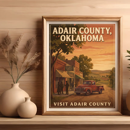 Adair County, Oklahoma vintage travel poster with red truck and village scene.