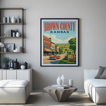 Brown County, Kansas travel poster with vintage car, buildings, and scenic view.