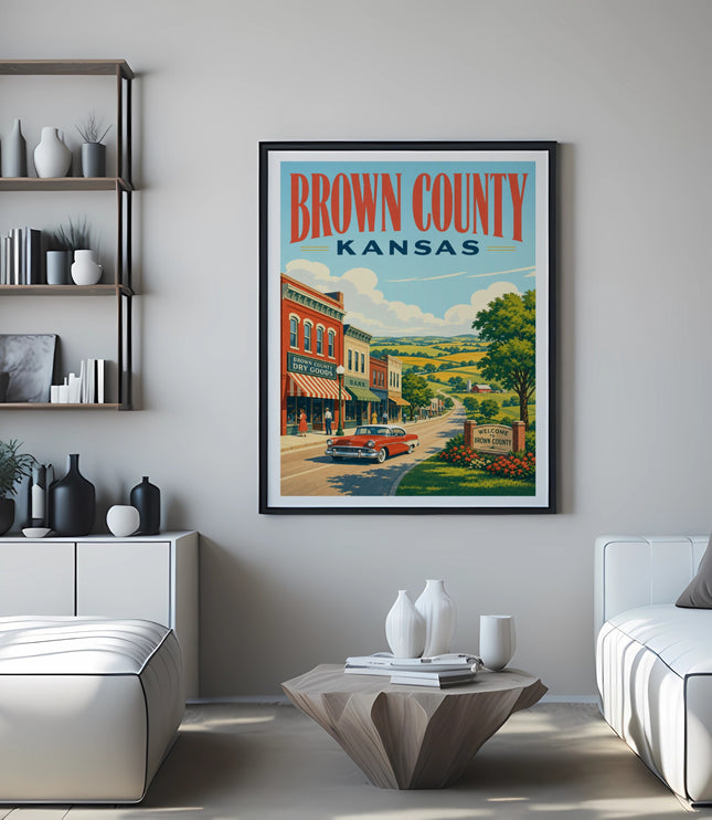 Brown County, Kansas travel poster with vintage car, buildings, and scenic view.