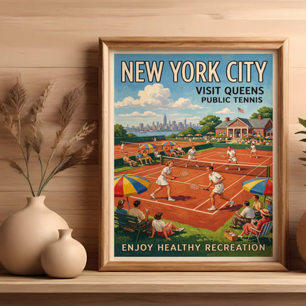 Vintage New York City tennis poster advertising public courts with healthy recreation.