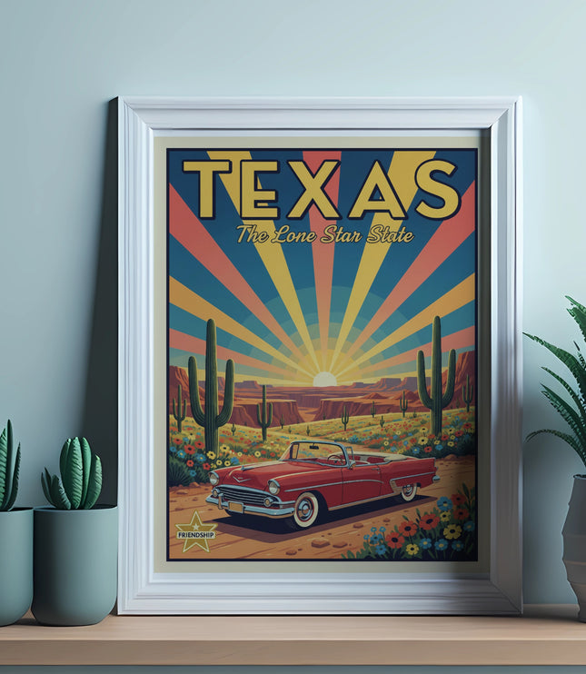 Framed Texas Lone Star State poster featuring a retro red convertible, cacti, and desert landscape.