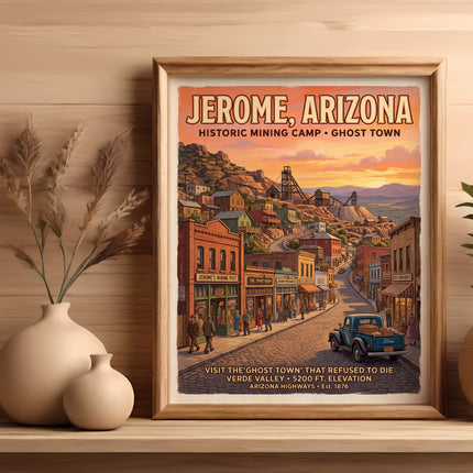 Jerome, Arizona historic mining camp ghost town poster with buildings and truck.