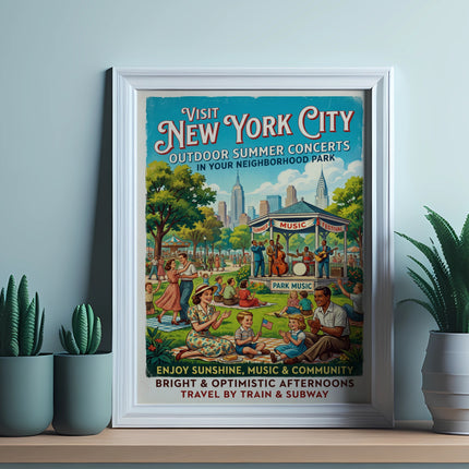 Vintage poster for New York City outdoor summer concerts in a park.