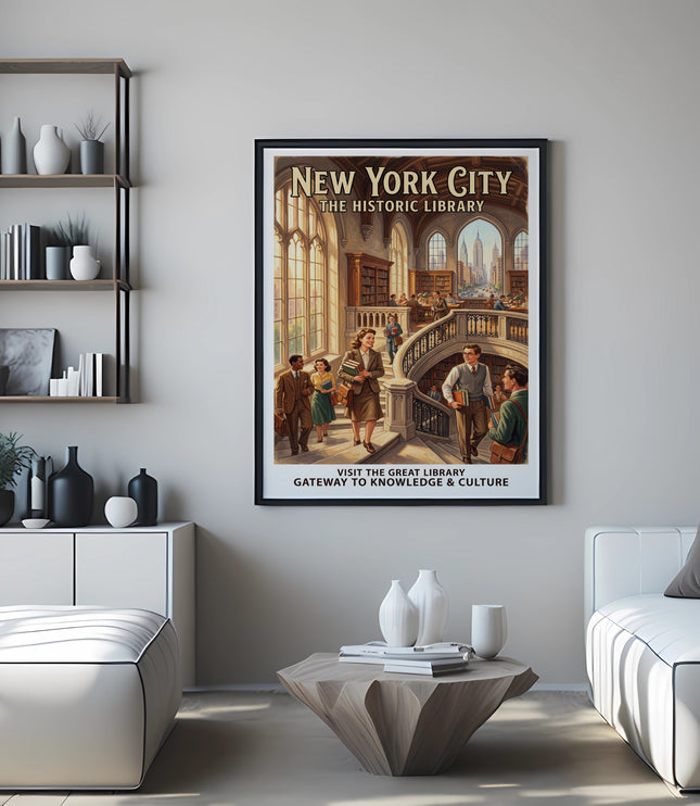 New York City Historic Library poster with people on stairs and books.