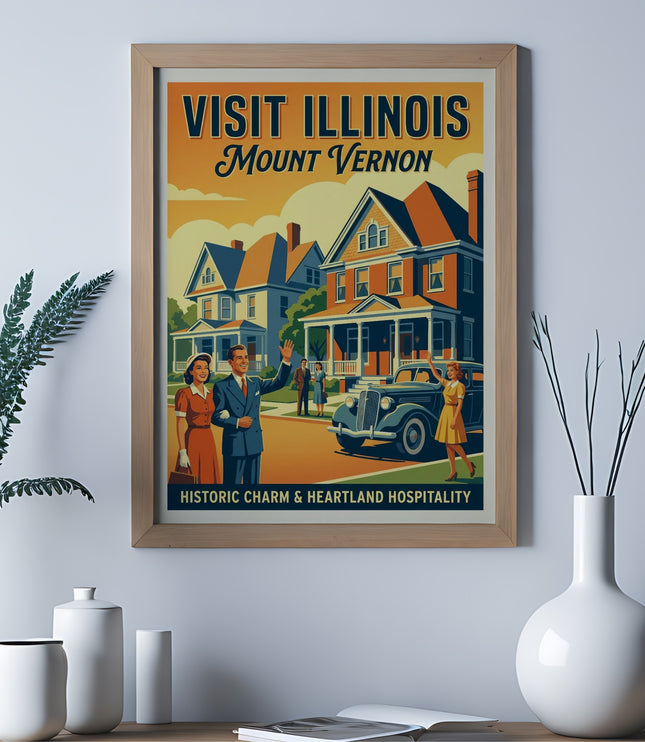 Vintage poster with "Visit Illinois Mount Vernon Historic Charm & Heartland Hospitality."